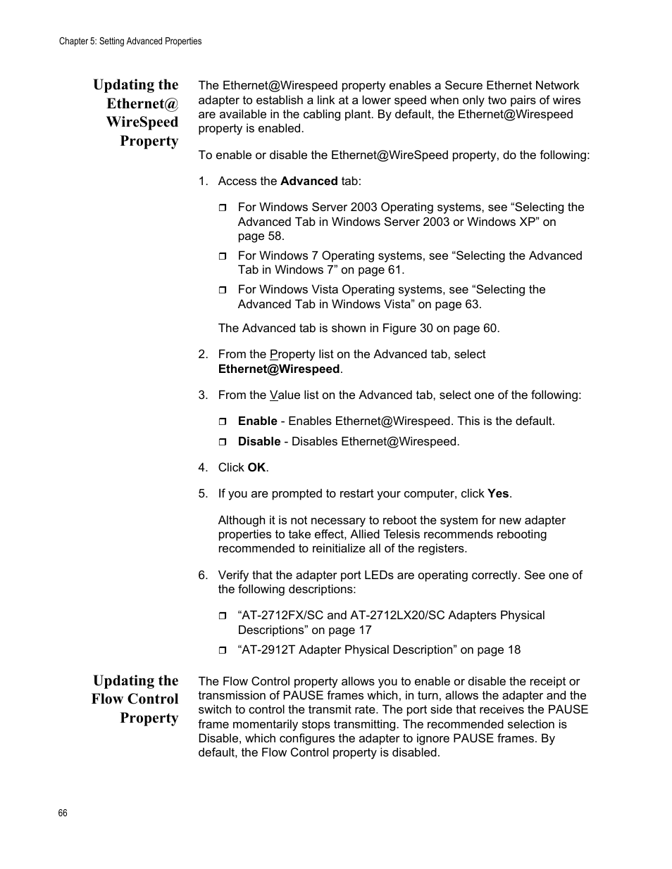 Updating the ethernet@ wirespeed property, Updating the flow control property | Allied Telesis AT-2912T User Manual | Page 66 / 100