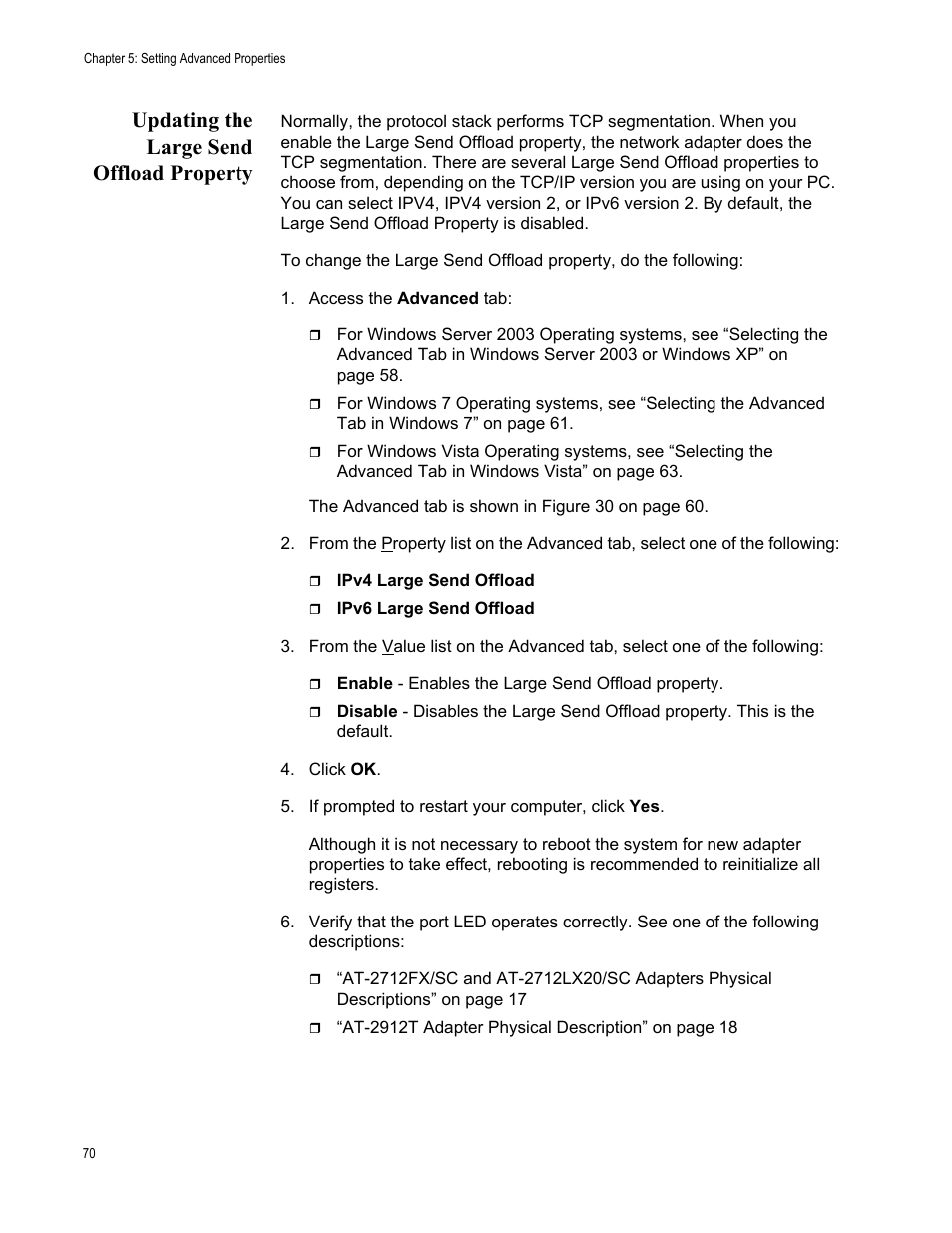 Updating the large send offload property | Allied Telesis AT-2912T User Manual | Page 70 / 100