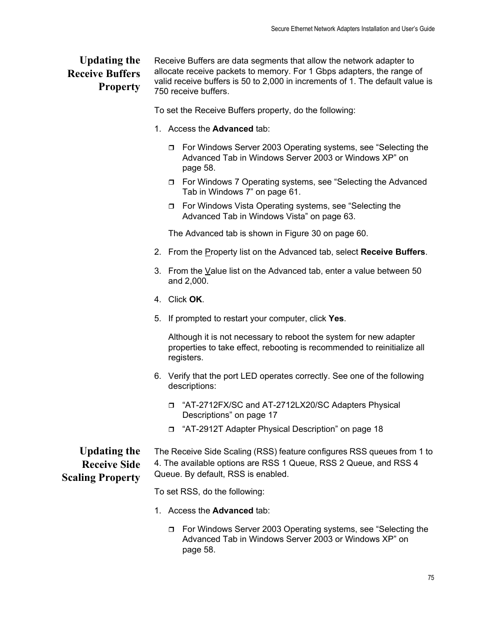 Updating the receive buffers property, Updating the receive side scaling property | Allied Telesis AT-2912T User Manual | Page 75 / 100