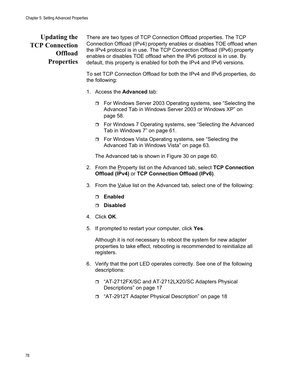 Updating the tcp connection offload properties | Allied Telesis AT-2912T User Manual | Page 78 / 100