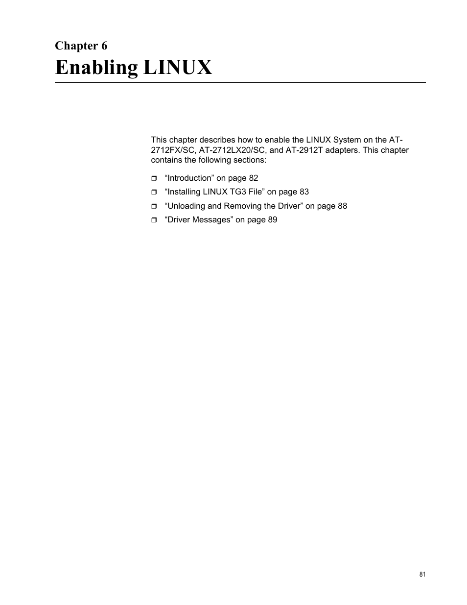 Chapter 6, Enabling linux | Allied Telesis AT-2912T User Manual | Page 81 / 100