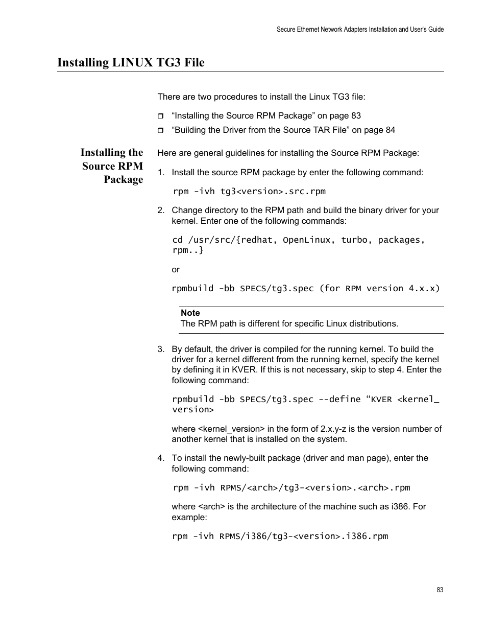 Installing linux tg3 file, Installing the source rpm package | Allied Telesis AT-2912T User Manual | Page 83 / 100