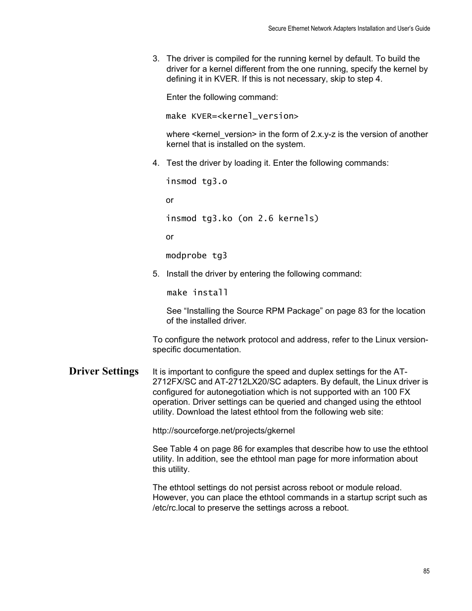 Driver settings | Allied Telesis AT-2912T User Manual | Page 85 / 100