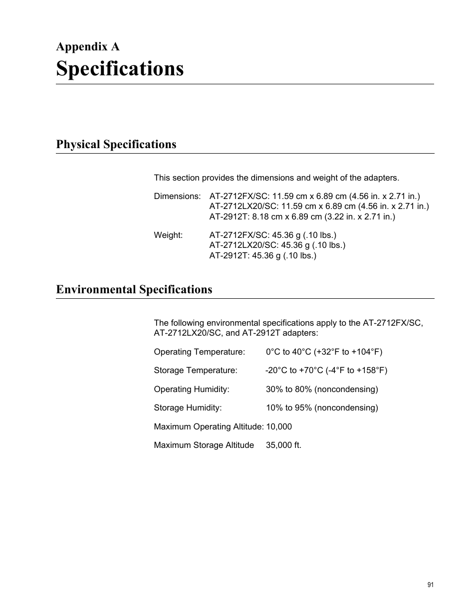 Appendix a, Specifications, Physical specifications | Environmental specifications, Appendix a: specifications | Allied Telesis AT-2912T User Manual | Page 91 / 100