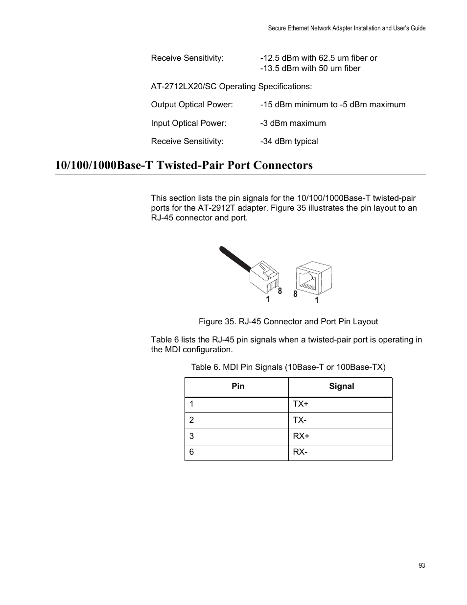 10/100/1000base-t twisted-pair port connectors, Figure 35. rj-45 connector and port pin layout, Table 7: mdi pin signals (10base-t or 100base-tx) | Allied Telesis AT-2912T User Manual | Page 93 / 100