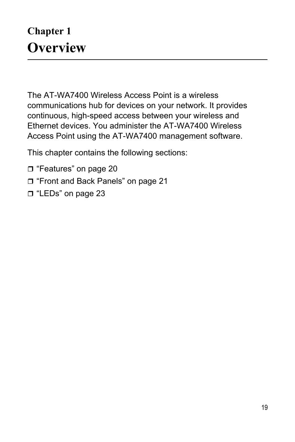 Chapter 1, Overview | Allied Telesis AT-WA7400 User Manual | Page 21 / 62