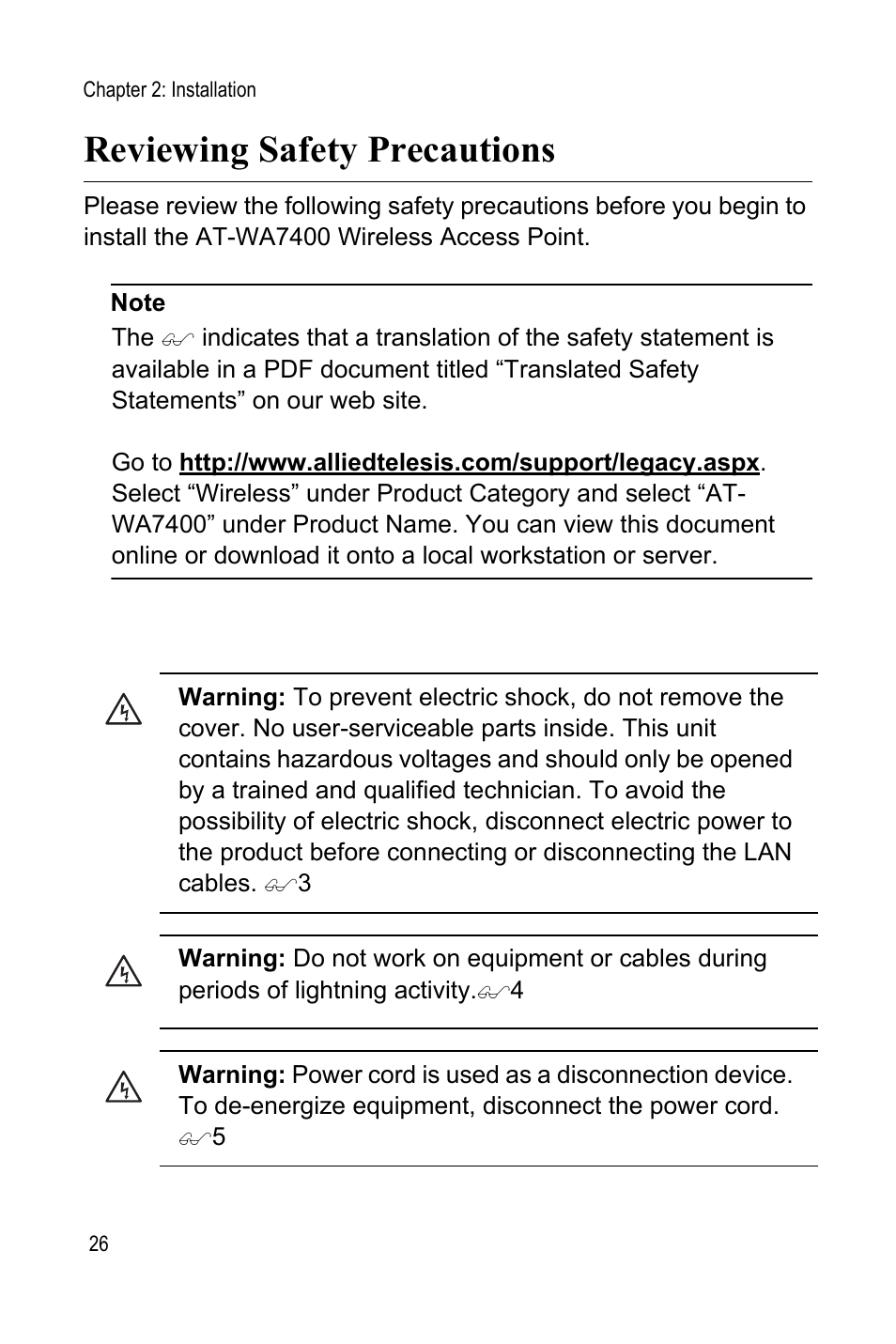 Reviewing safety precautions | Allied Telesis AT-WA7400 User Manual | Page 28 / 62