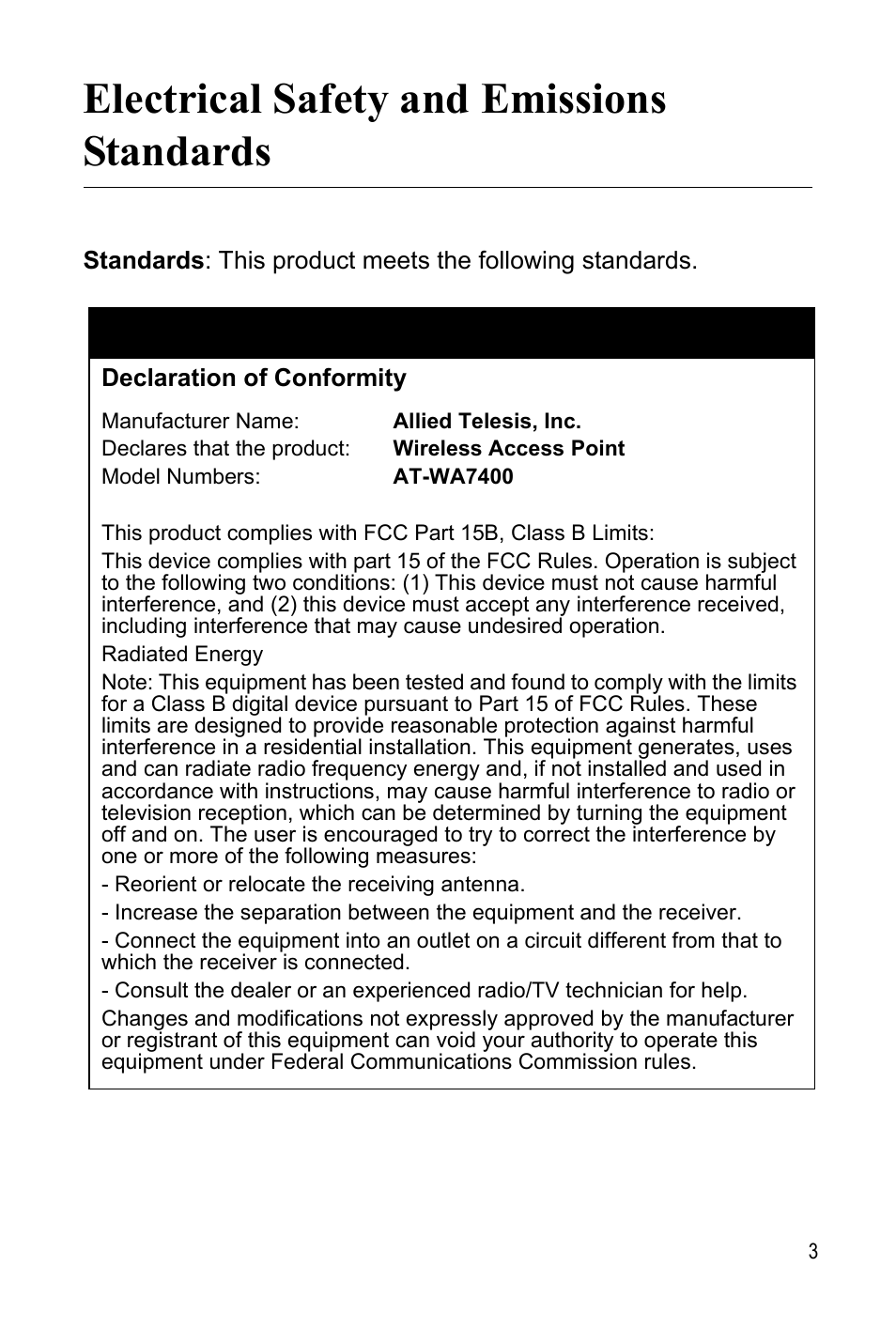 Electrical safety and emissions standards | Allied Telesis AT-WA7400 User Manual | Page 3 / 62