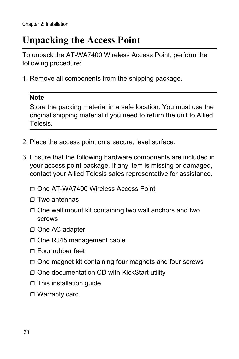 Unpacking the access point | Allied Telesis AT-WA7400 User Manual | Page 32 / 62
