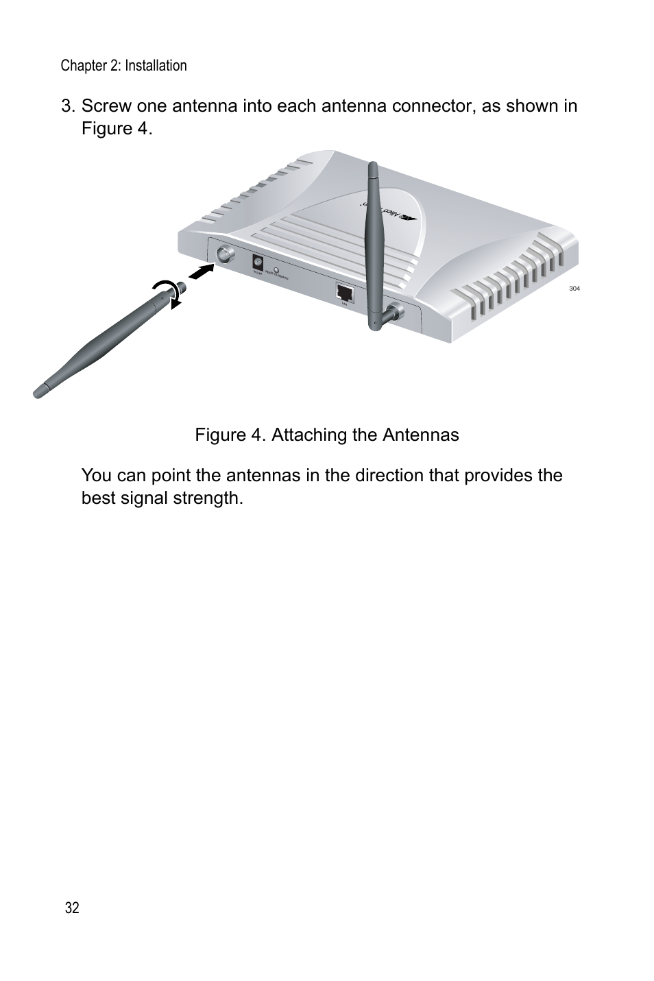 Figure 4: attaching the antennas32, Chapter 2: installation 32 | Allied Telesis AT-WA7400 User Manual | Page 34 / 62