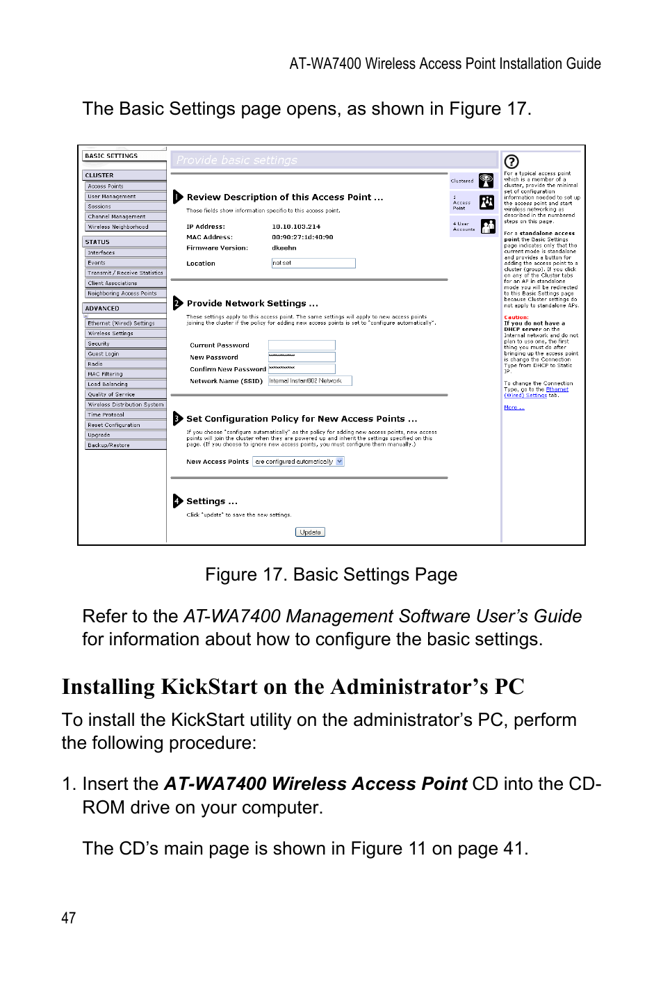 Installing kickstart on the administrator’s pc | Allied Telesis AT-WA7400 User Manual | Page 49 / 62