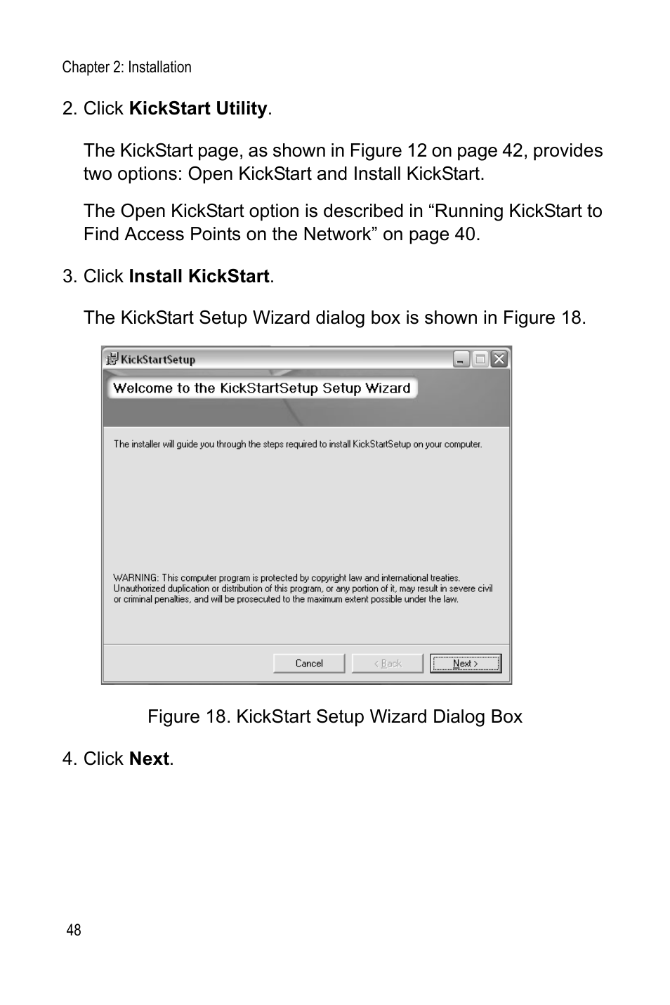 Figure 18: kickstart setup wizard dialog box48 | Allied Telesis AT-WA7400 User Manual | Page 50 / 62