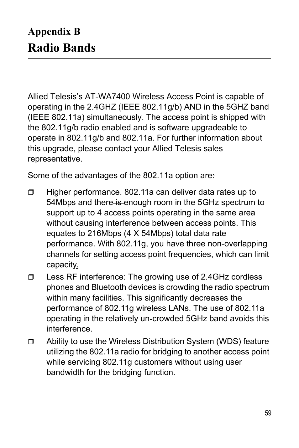 Appendix b, Radio bands, Appendix b: radio bands | Allied Telesis AT-WA7400 User Manual | Page 61 / 62