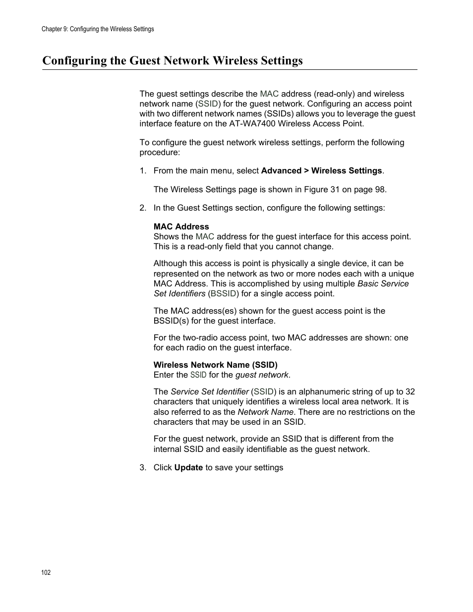 Configuring the guest network wireless settings | Allied Telesis AT-WA7400/EU User Manual | Page 102 / 364