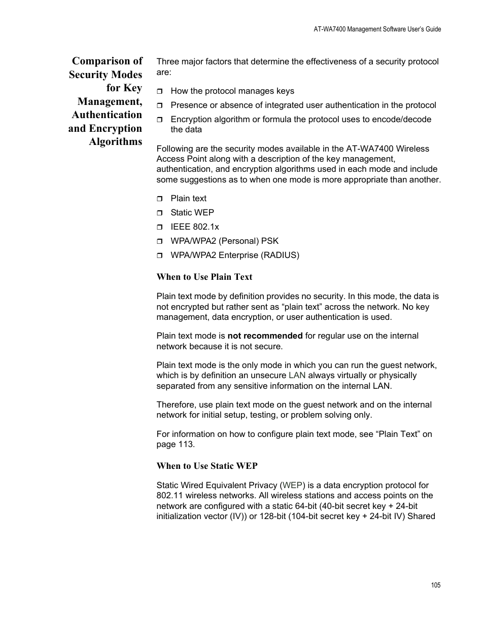 When to use plain text when to use static wep | Allied Telesis AT-WA7400/EU User Manual | Page 105 / 364