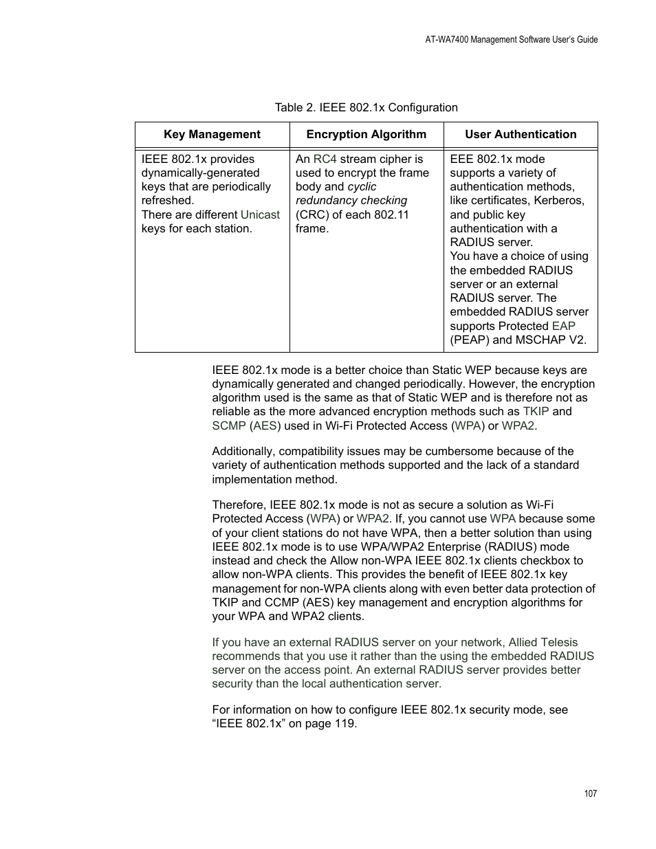 Table 2. ieee 802.1x configuration | Allied Telesis AT-WA7400/EU User Manual | Page 107 / 364