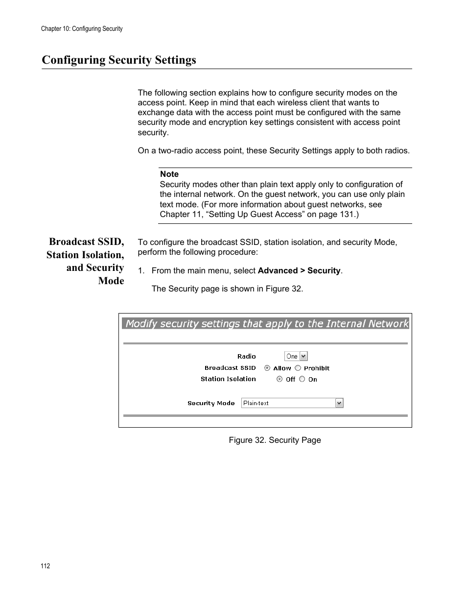 Configuring security settings | Allied Telesis AT-WA7400/EU User Manual | Page 112 / 364