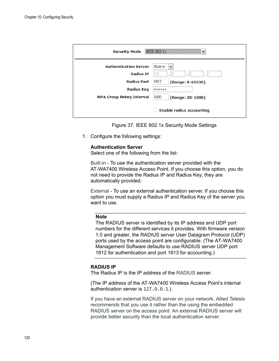 Figure 37. ieee 802.1x security mode settings | Allied Telesis AT-WA7400/EU User Manual | Page 120 / 364