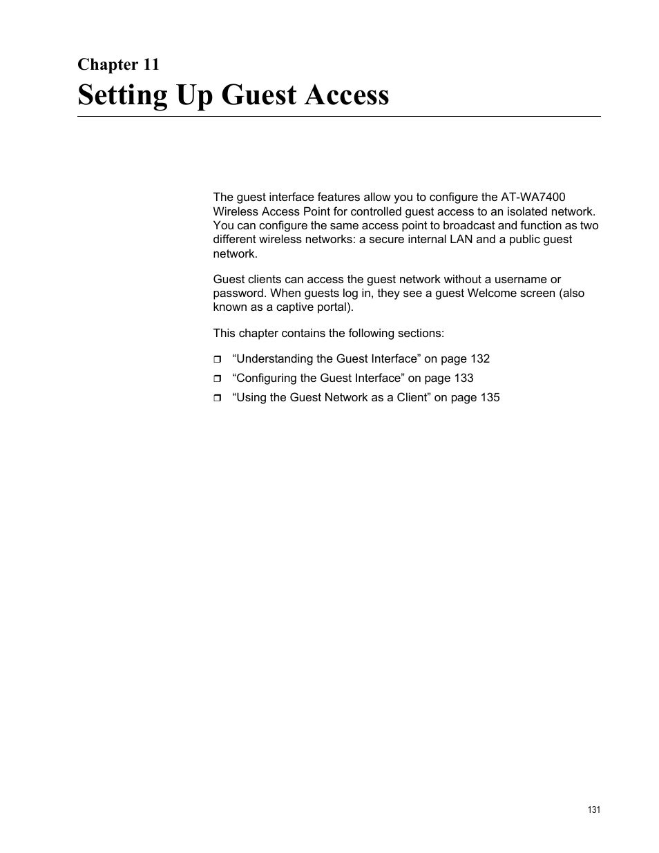 Chapter 11, Setting up guest access, Chapter 11: setting up guest access | Allied Telesis AT-WA7400/EU User Manual | Page 131 / 364