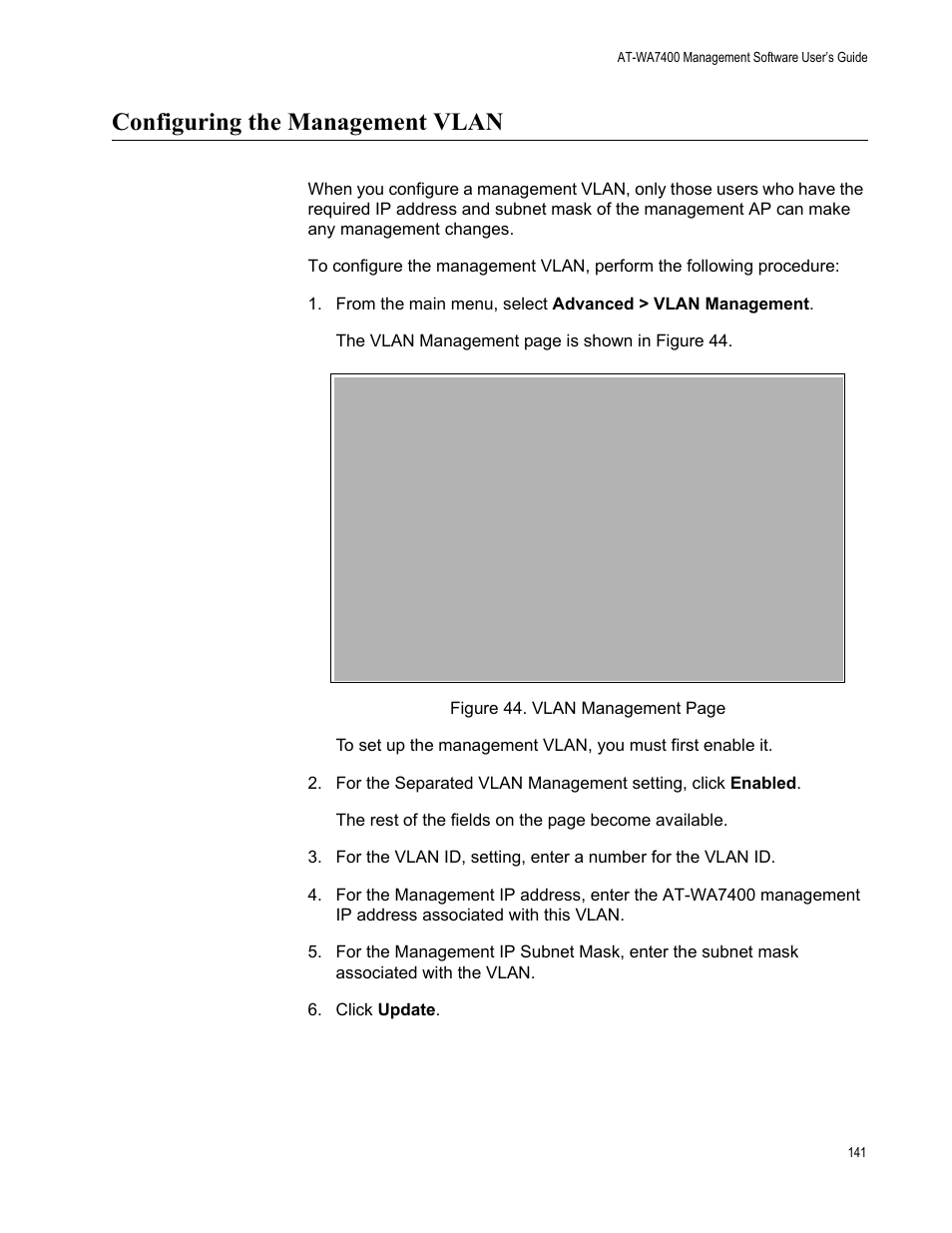 Configuring the management vlan | Allied Telesis AT-WA7400/EU User Manual | Page 141 / 364