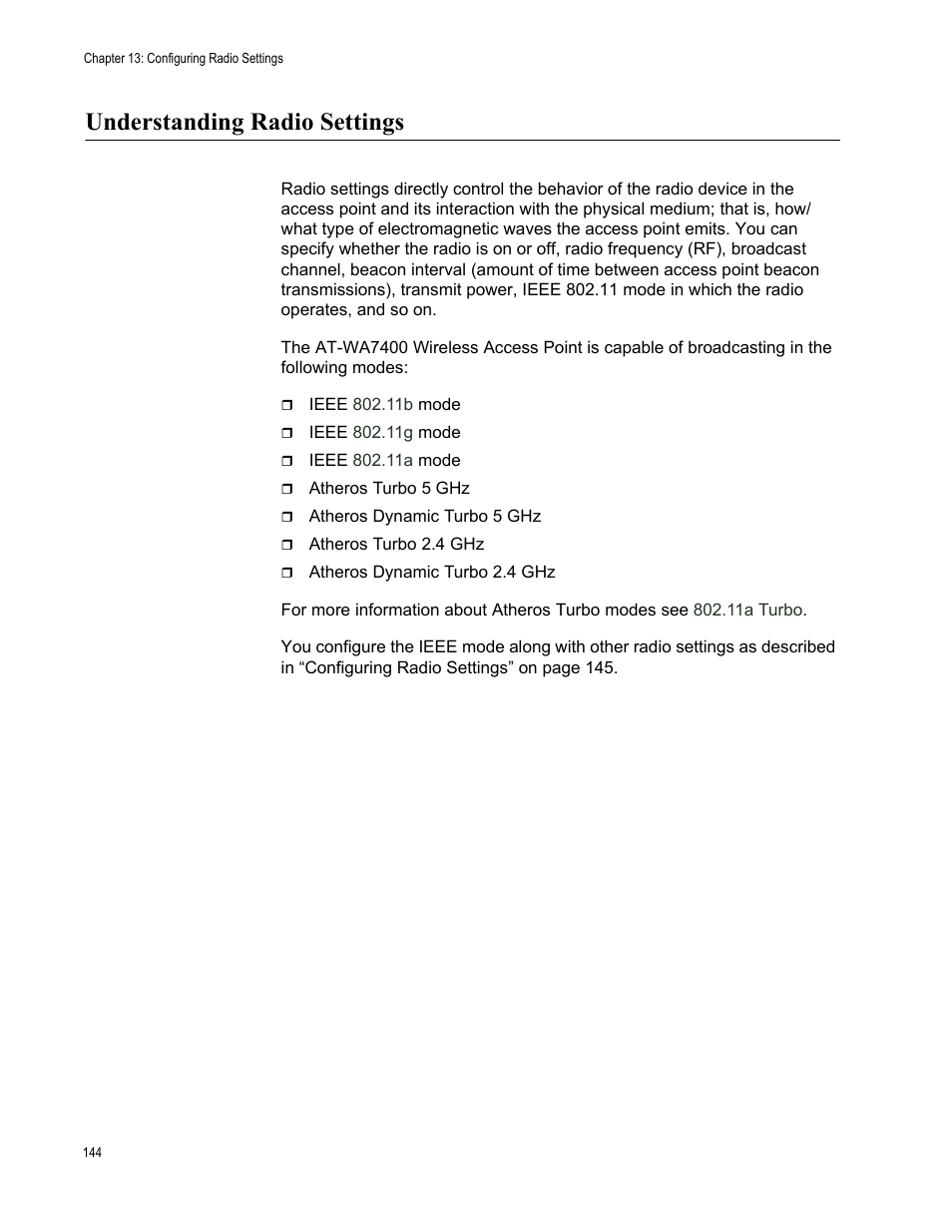 Understanding radio settings | Allied Telesis AT-WA7400/EU User Manual | Page 144 / 364