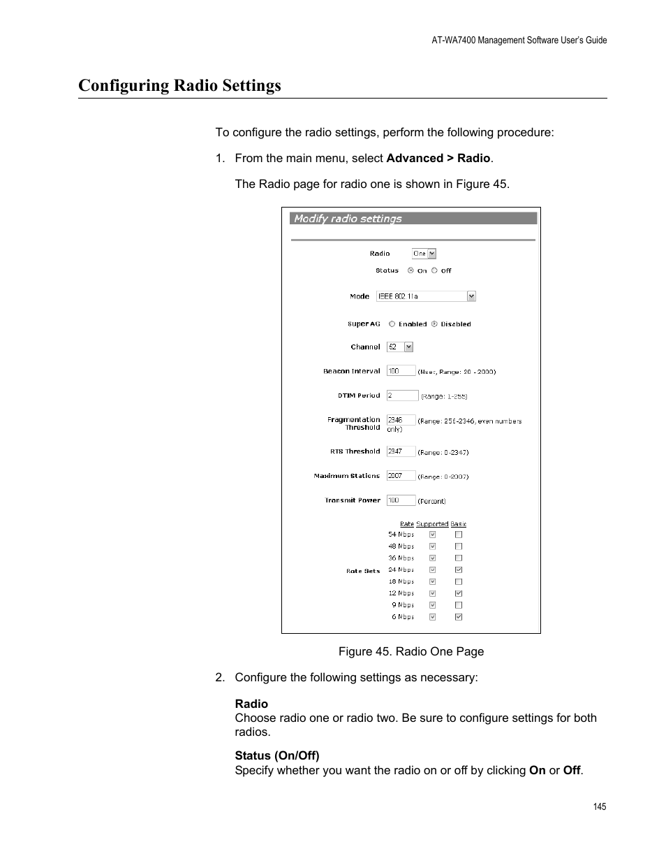 Configuring radio settings | Allied Telesis AT-WA7400/EU User Manual | Page 145 / 364