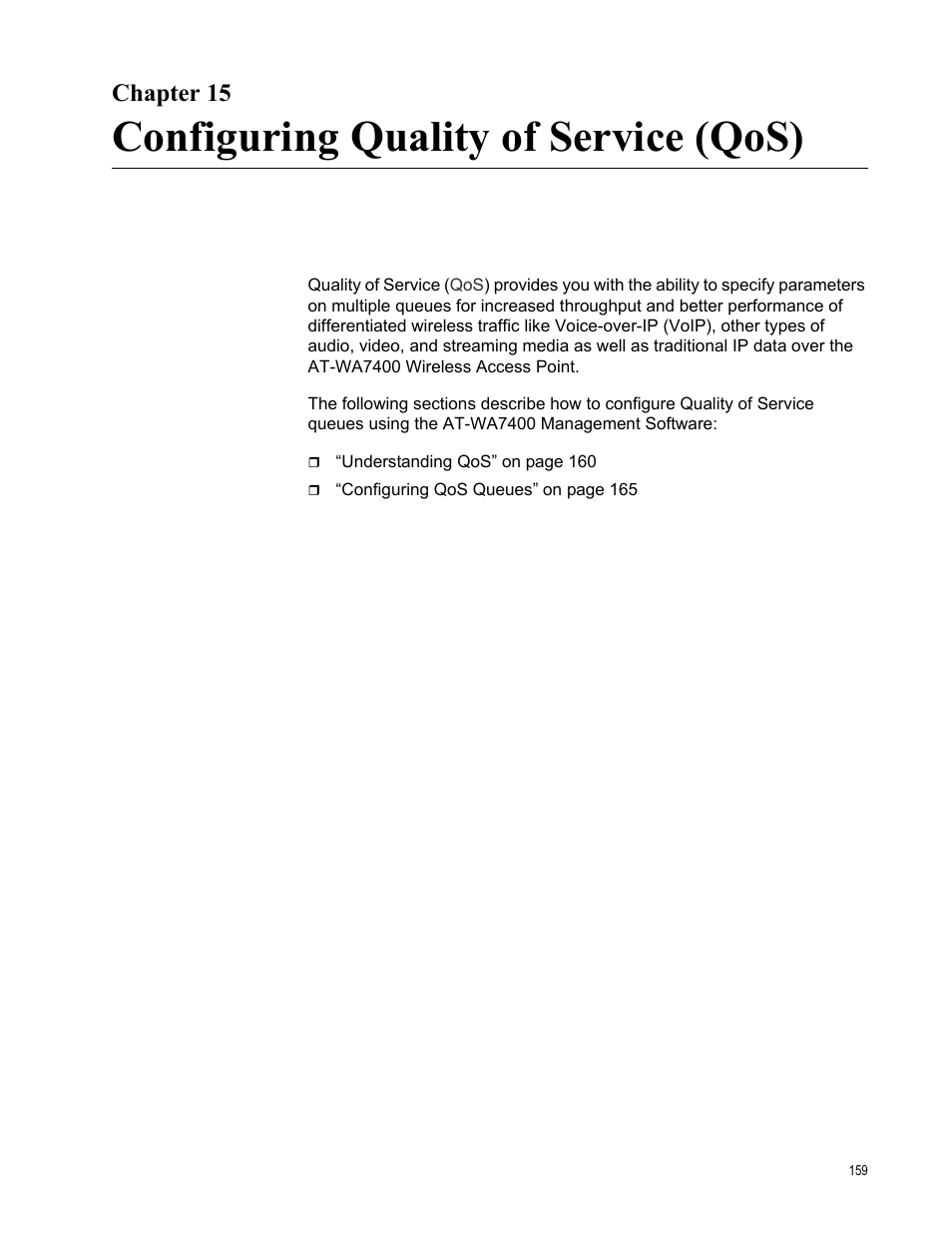 Chapter 15, Configuring quality of service (qos) | Allied Telesis AT-WA7400/EU User Manual | Page 159 / 364