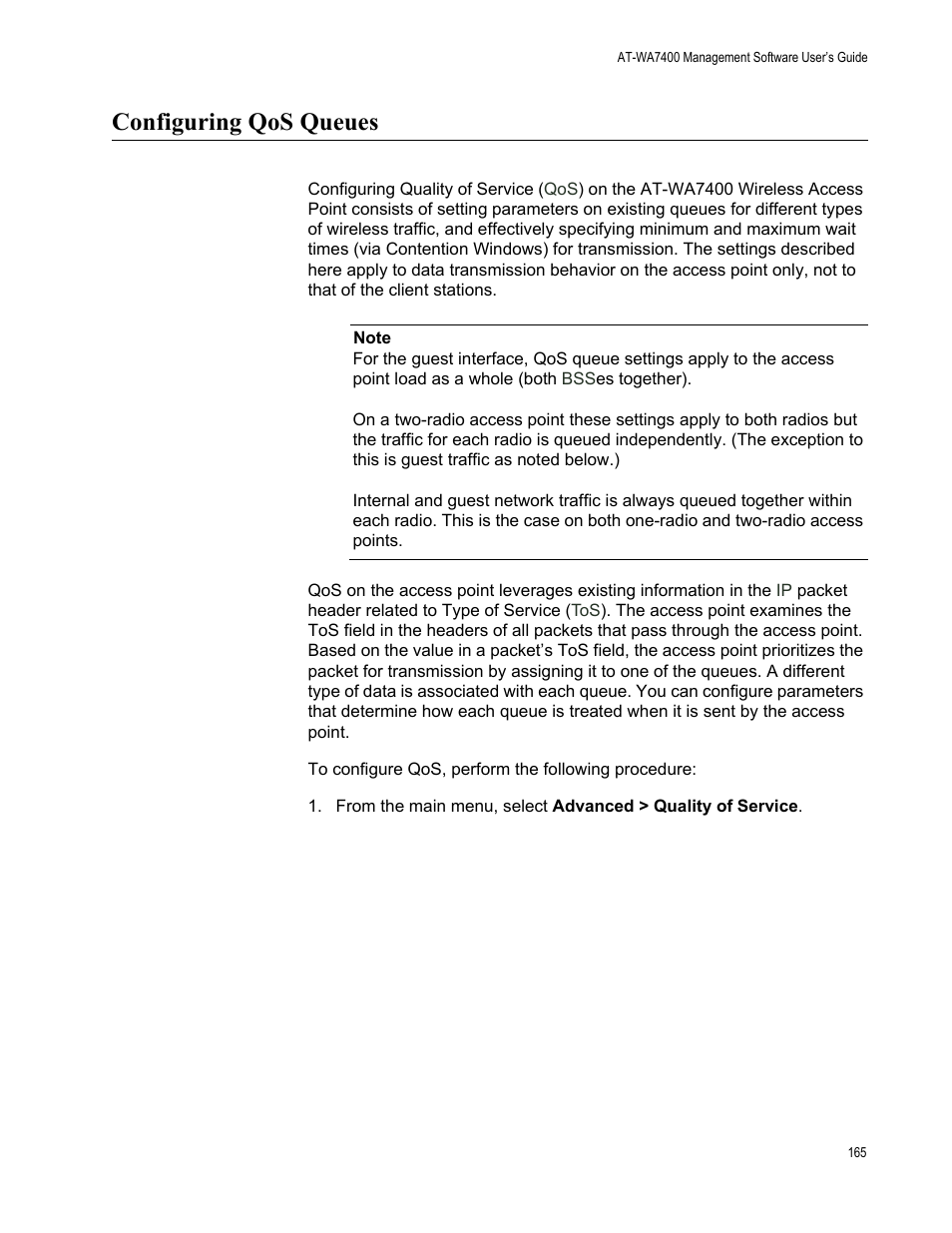 Configuring qos queues | Allied Telesis AT-WA7400/EU User Manual | Page 165 / 364