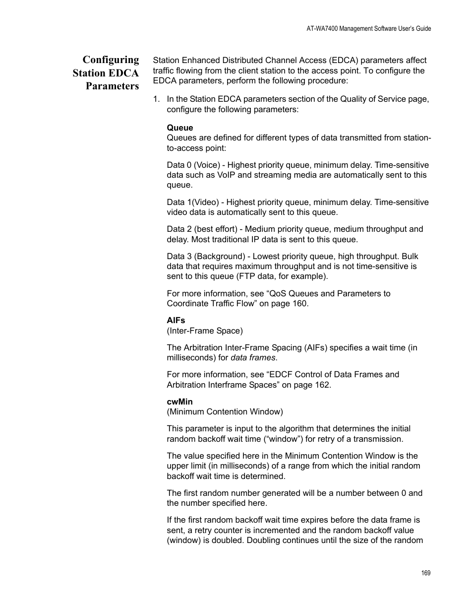 Configuring station edca parameters | Allied Telesis AT-WA7400/EU User Manual | Page 169 / 364