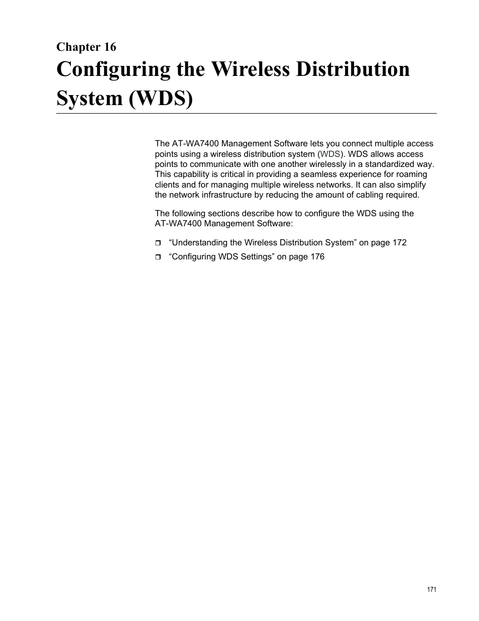 Chapter 16, Configuring the wireless distribution system (wds) | Allied Telesis AT-WA7400/EU User Manual | Page 171 / 364