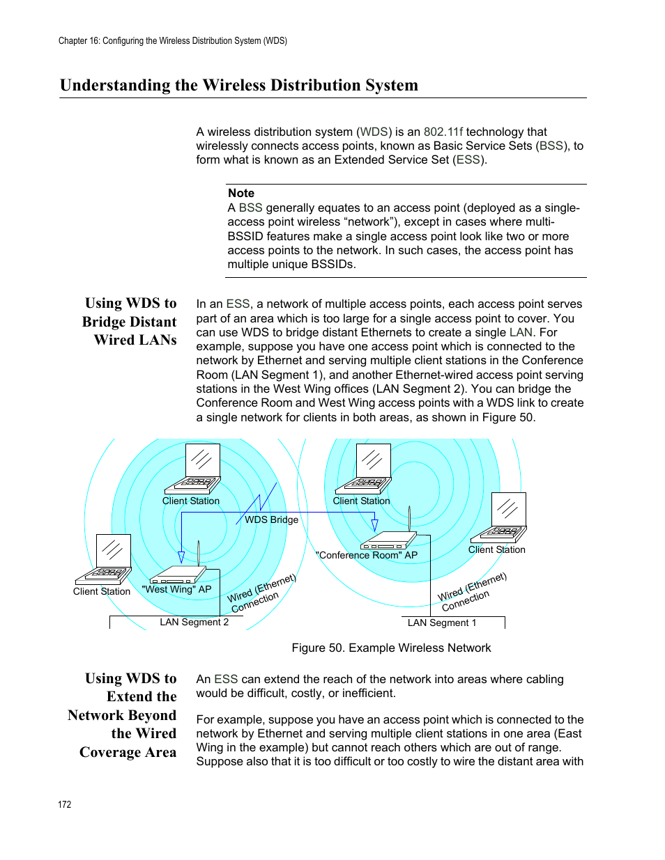 Understanding the wireless distribution system, Using wds to bridge distant wired lans, Example wireless network | Allied Telesis AT-WA7400/EU User Manual | Page 172 / 364