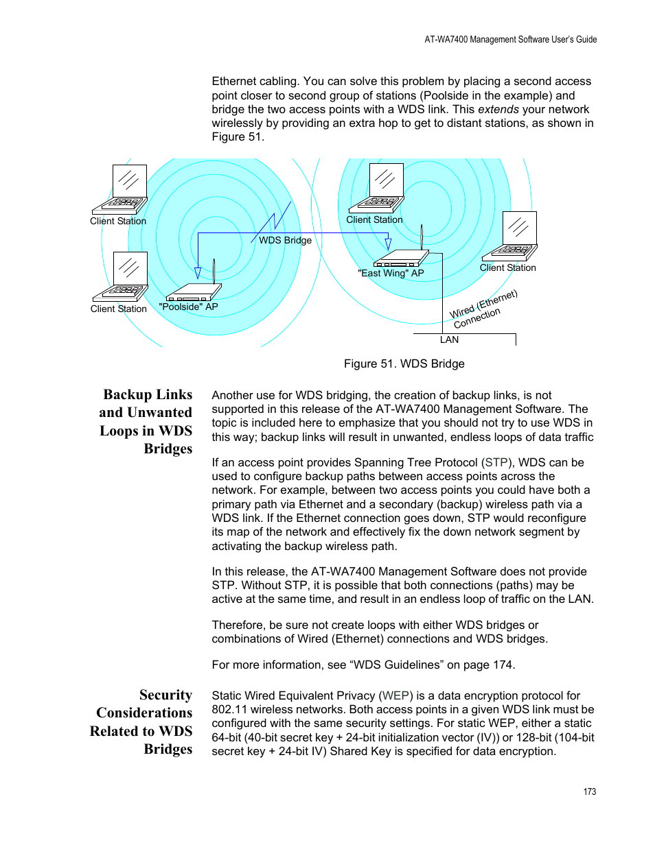 Backup links and unwanted loops in wds bridges, Security considerations related to wds bridges, Figure 51. wds bridge | Allied Telesis AT-WA7400/EU User Manual | Page 173 / 364
