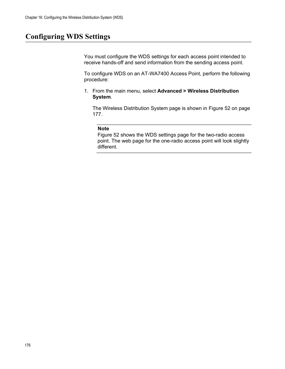 Configuring wds settings | Allied Telesis AT-WA7400/EU User Manual | Page 176 / 364
