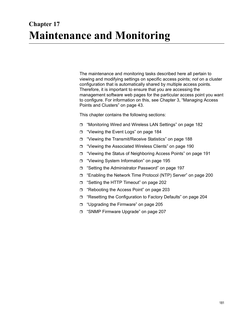 Chapter 17, Maintenance and monitoring, Chapter 17: maintenance and monitoring | Allied Telesis AT-WA7400/EU User Manual | Page 181 / 364