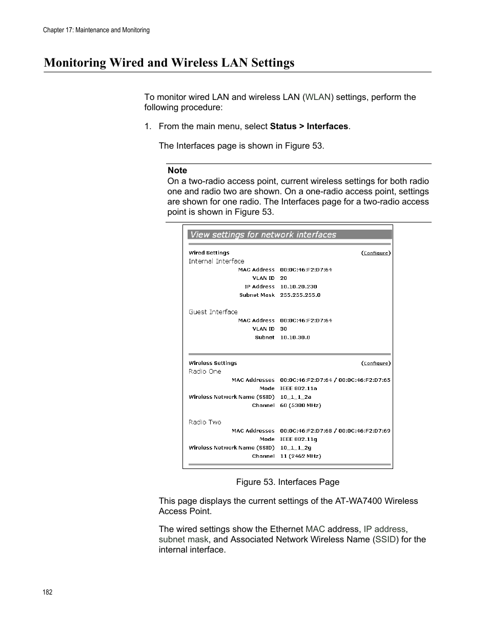 Monitoring wired and wireless lan settings | Allied Telesis AT-WA7400/EU User Manual | Page 182 / 364