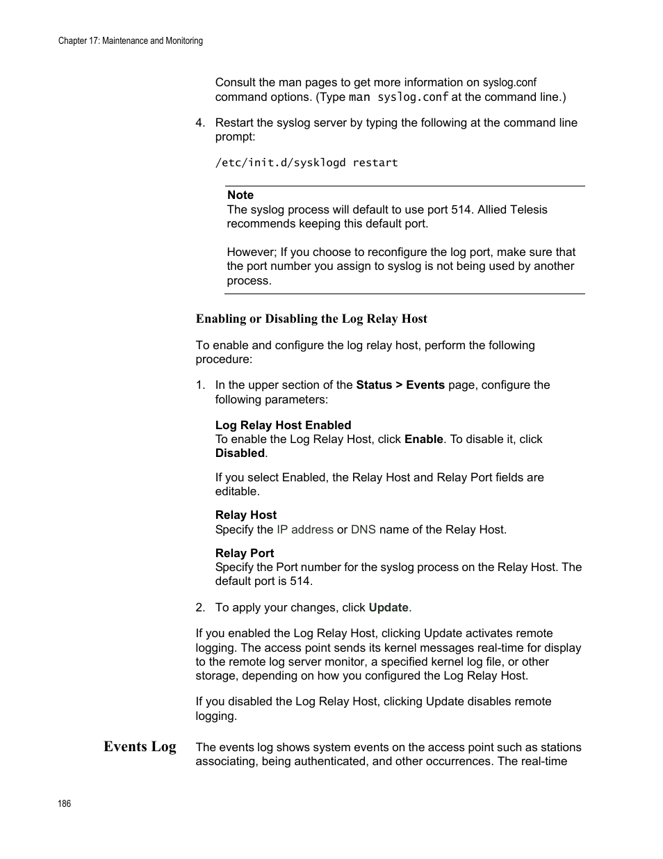 Events log, Enabling or disabling the log relay host | Allied Telesis AT-WA7400/EU User Manual | Page 186 / 364
