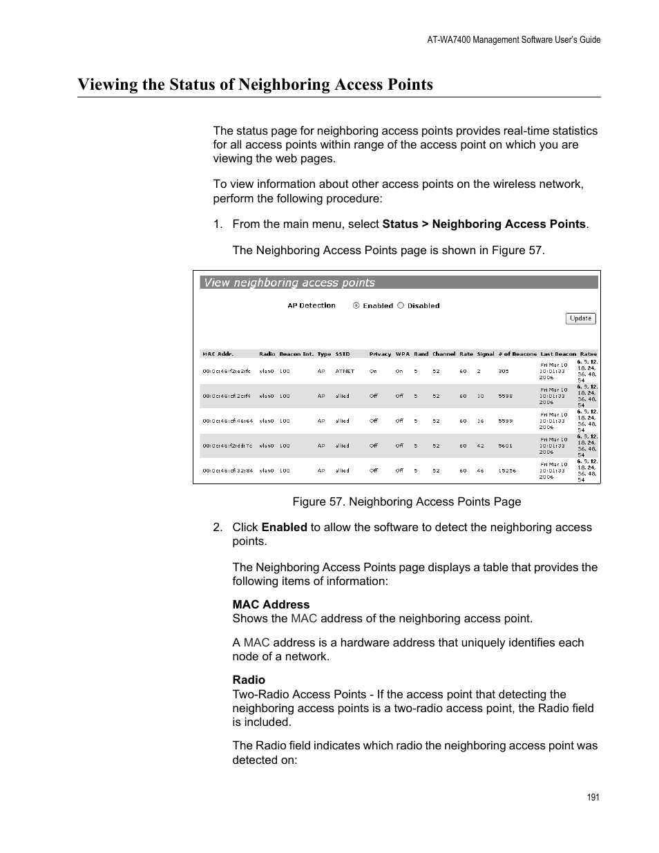 Viewing the status of neighboring access points | Allied Telesis AT-WA7400/EU User Manual | Page 191 / 364