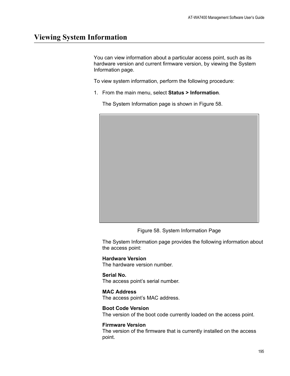 Viewing system information | Allied Telesis AT-WA7400/EU User Manual | Page 195 / 364