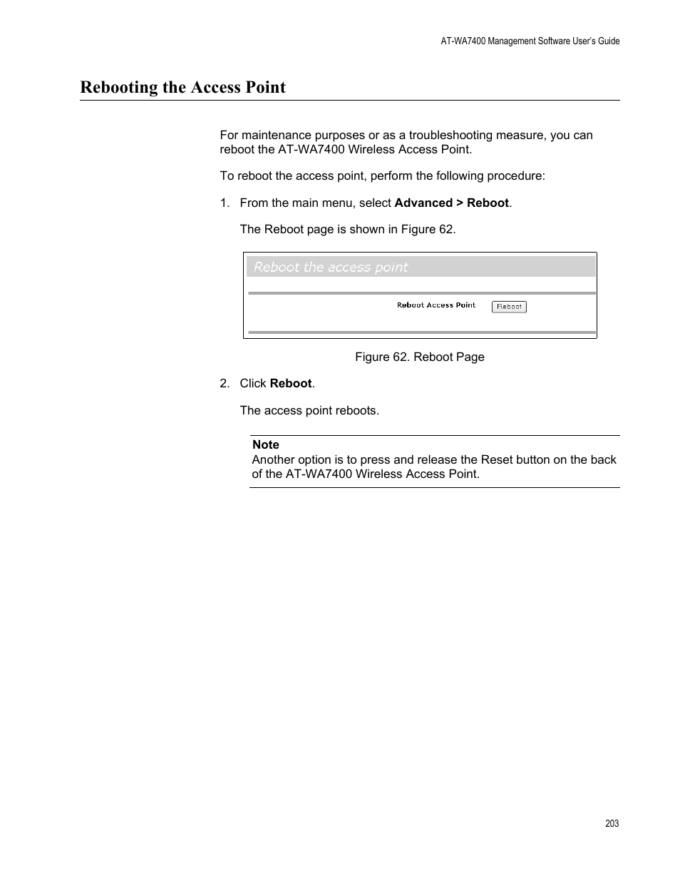 Rebooting the access point | Allied Telesis AT-WA7400/EU User Manual | Page 203 / 364