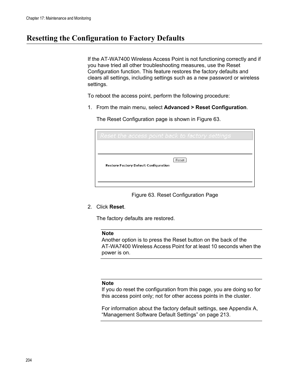 Resetting the configuration to factory defaults | Allied Telesis AT-WA7400/EU User Manual | Page 204 / 364