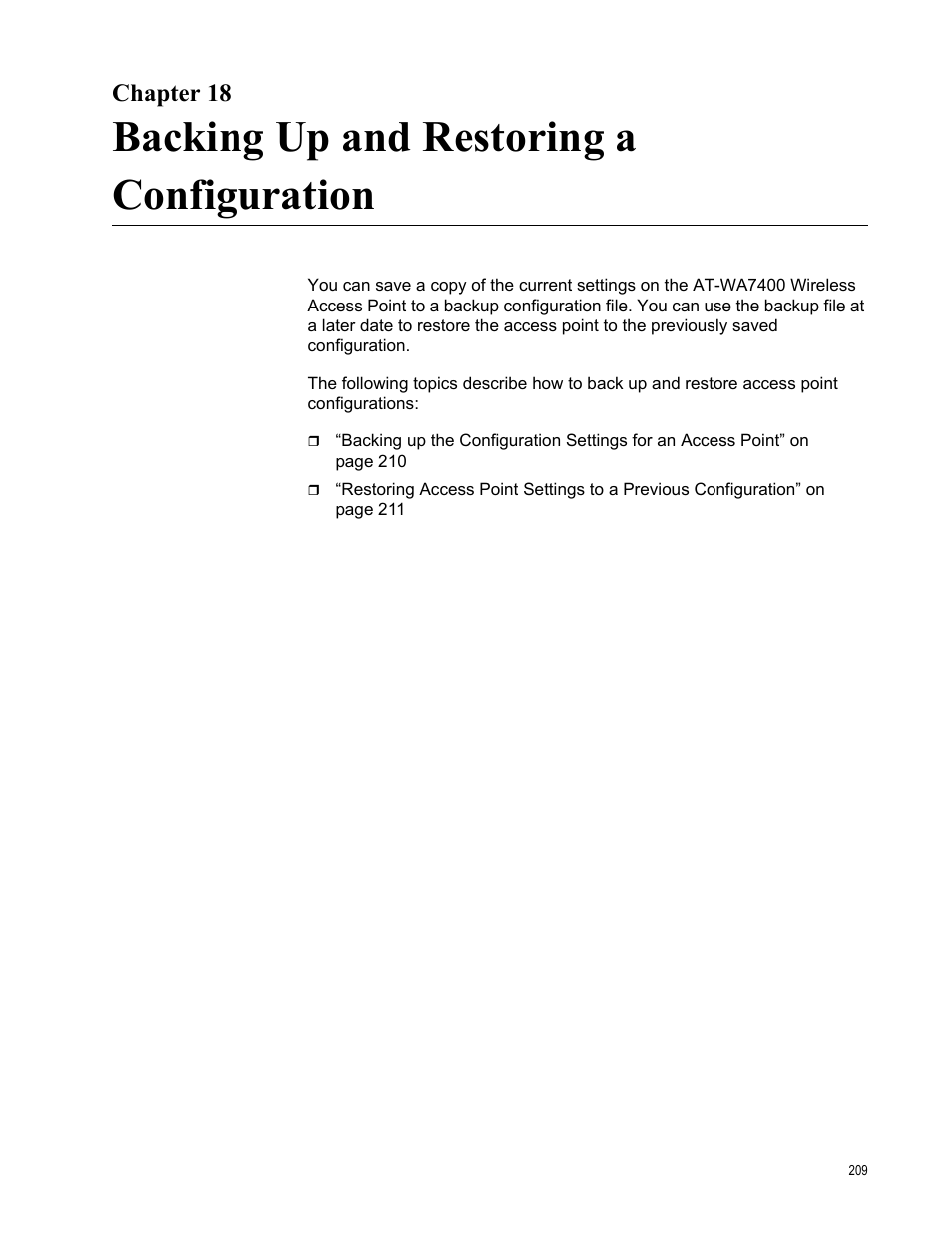 Chapter 18, Backing up and restoring a configuration | Allied Telesis AT-WA7400/EU User Manual | Page 209 / 364