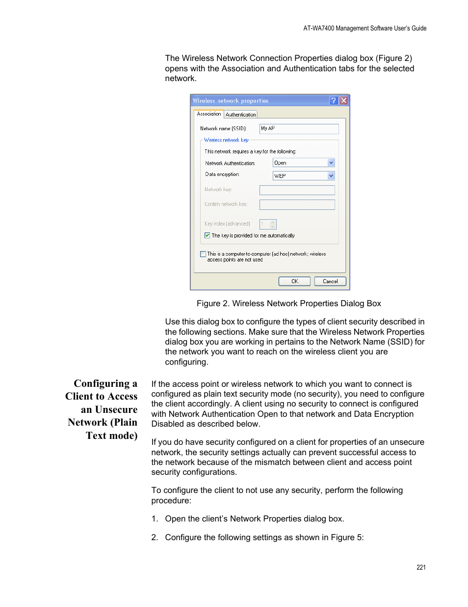 Figure 68. wireless network properties dialog box | Allied Telesis AT-WA7400/EU User Manual | Page 221 / 364