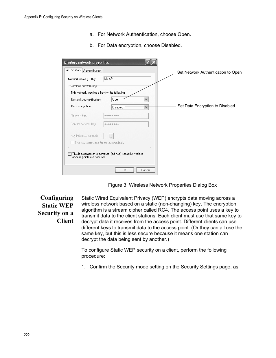 Configuring static wep security on a client, Figure 69. wireless network properties dialog box | Allied Telesis AT-WA7400/EU User Manual | Page 222 / 364