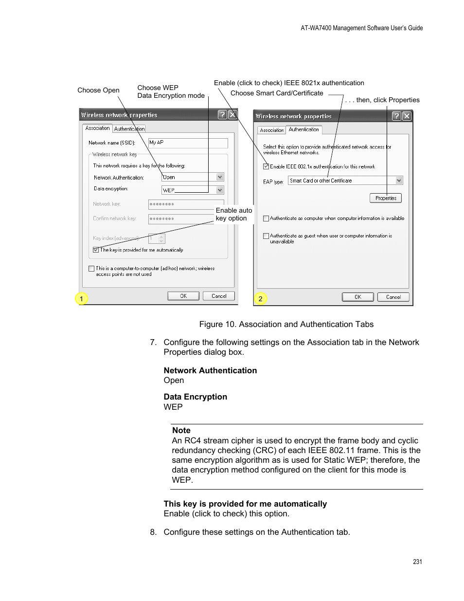 Figure 76. association and authentication tabs | Allied Telesis AT-WA7400/EU User Manual | Page 231 / 364