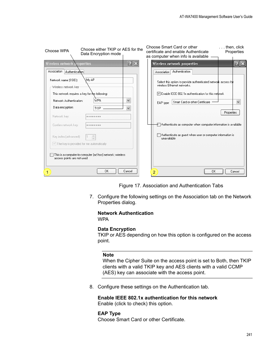 Figure 83. association and authentication tabs | Allied Telesis AT-WA7400/EU User Manual | Page 241 / 364