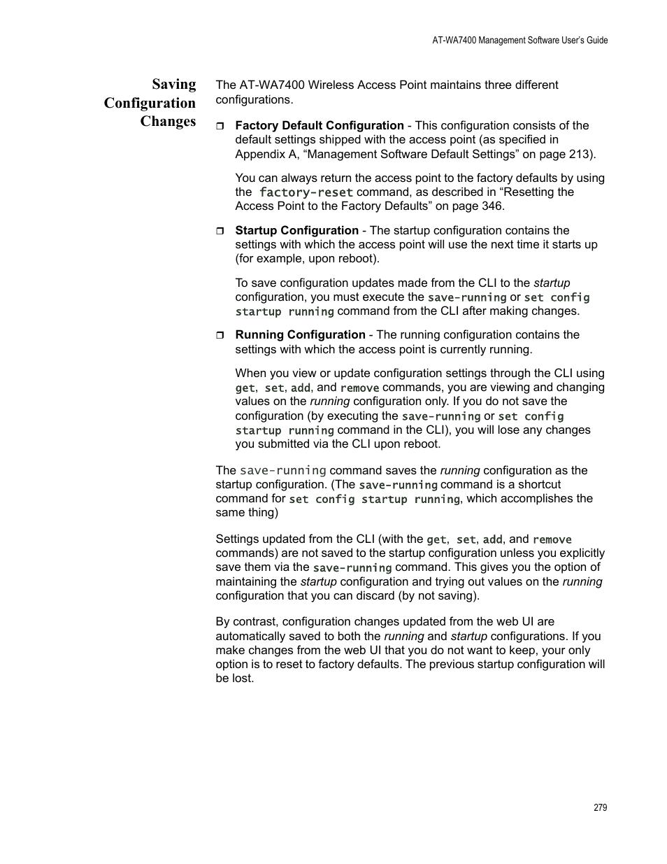 Saving configuration changes | Allied Telesis AT-WA7400/EU User Manual | Page 279 / 364