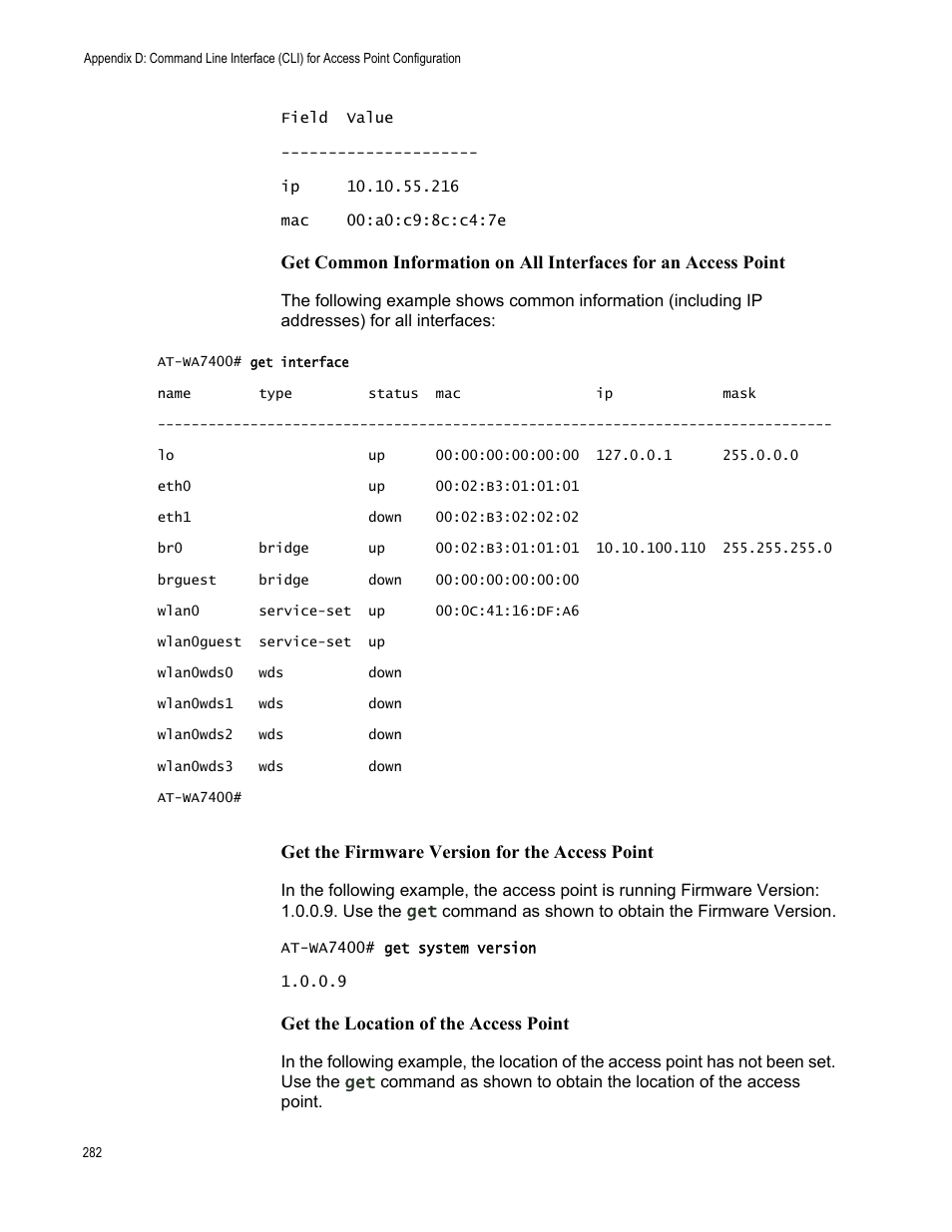 Get the firmware version for the access point, Get the location of the access point | Allied Telesis AT-WA7400/EU User Manual | Page 282 / 364