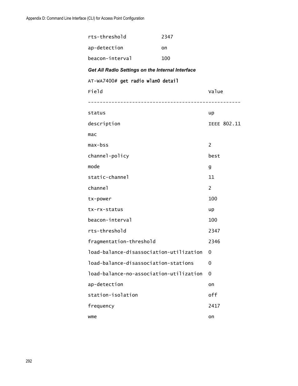 Get all radio settings on the internal interface | Allied Telesis AT-WA7400/EU User Manual | Page 292 / 364