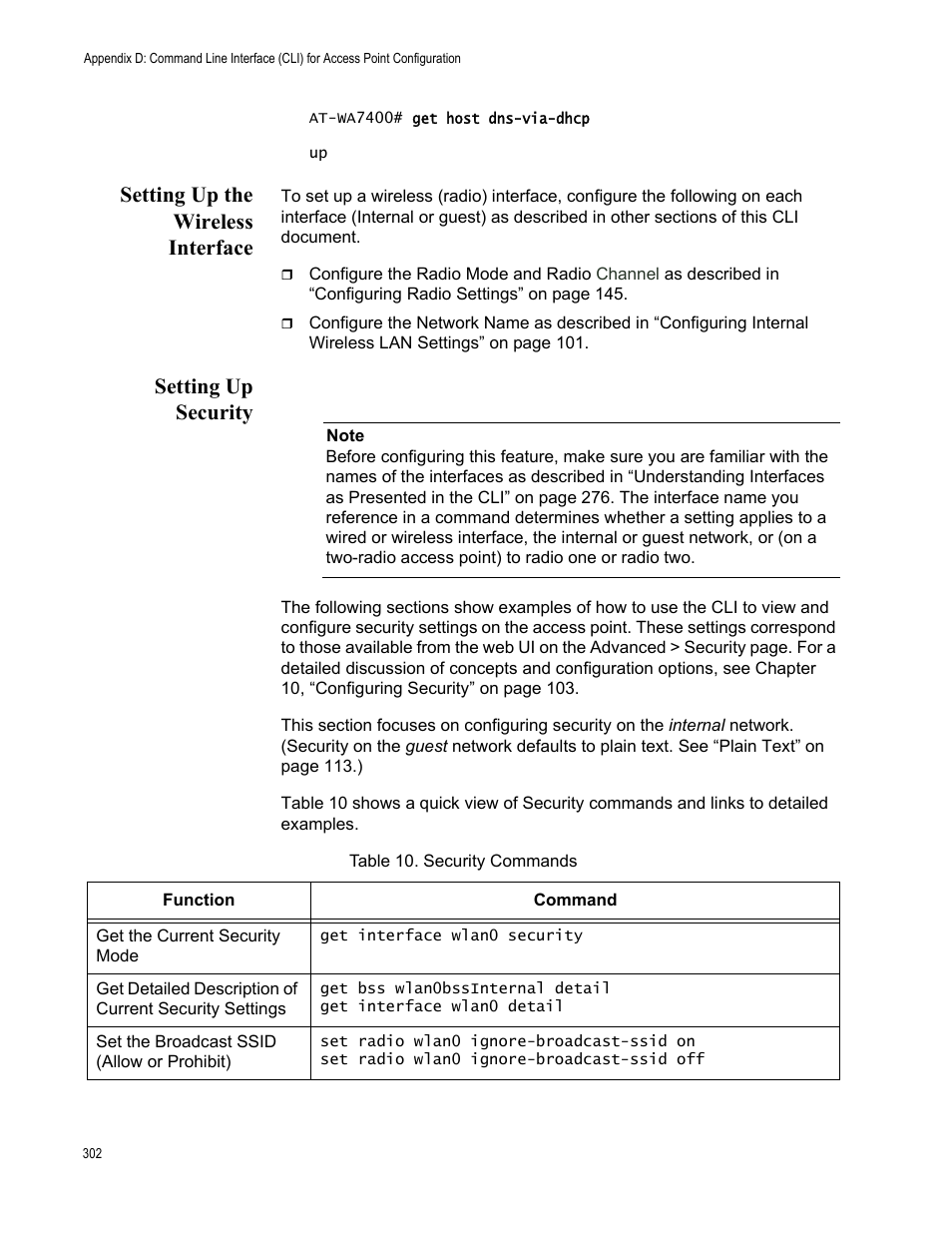 Setting up the wireless interface, Setting up security, Table 15. security commands | Allied Telesis AT-WA7400/EU User Manual | Page 302 / 364