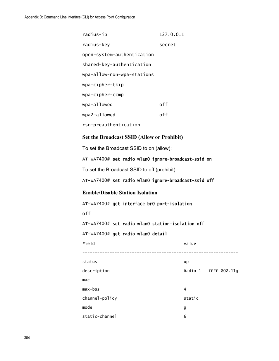 Set the broadcast ssid (allow or prohibit), Enable/disable station isolation | Allied Telesis AT-WA7400/EU User Manual | Page 304 / 364